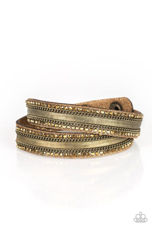 Rocker Rivalry - Brass Chain & Dainty Aurum Rhinestone Double Wrap Paparazzi Snap Bracelet
