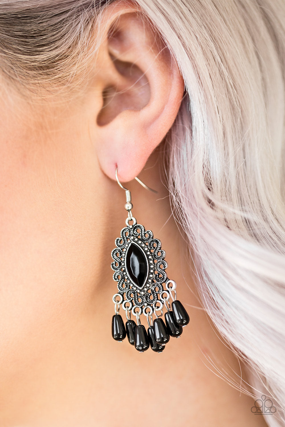 Private Villa - Black Faceted & Cylinder Beads/Studded Silver Antiqued Filigree Earrings