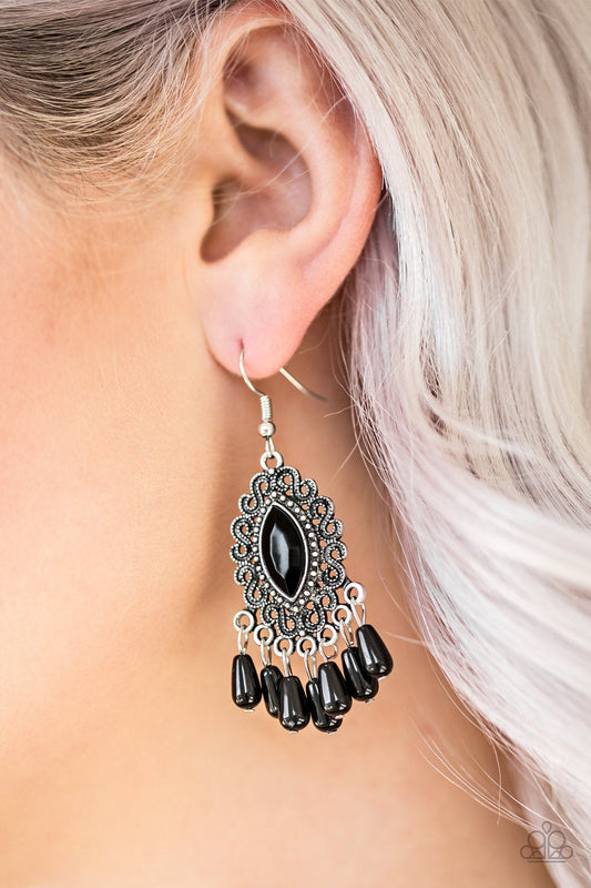 Private Villa - Black Faceted & Cylinder Beads/Studded Silver Antiqued Filigree Earrings
