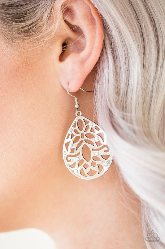 Casually Coachella - White Dainty Beaded Stenciled Teardrop Earrings