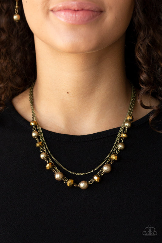 Tour de Demure - Brass Dainty Chains/Brass Pearly Beads/Aurum Rhinestone Double Layer Necklace & matching earrings
