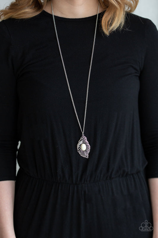 Flight Path - White Stone/Airy Silver Feather Pendant Necklace & matching earrings