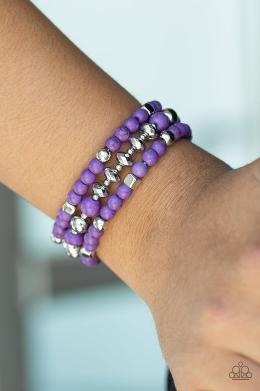Mountain Artist - Purple Vivacious Stone, Faceted Beads, & Silver Accent Paparazzi Set of 3 Stretch Bracelet