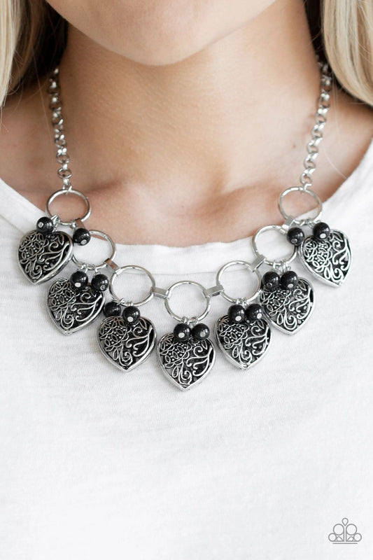 Very Valentine - Black Bead & Heart Charm Paparazzi Necklace & matching earrings