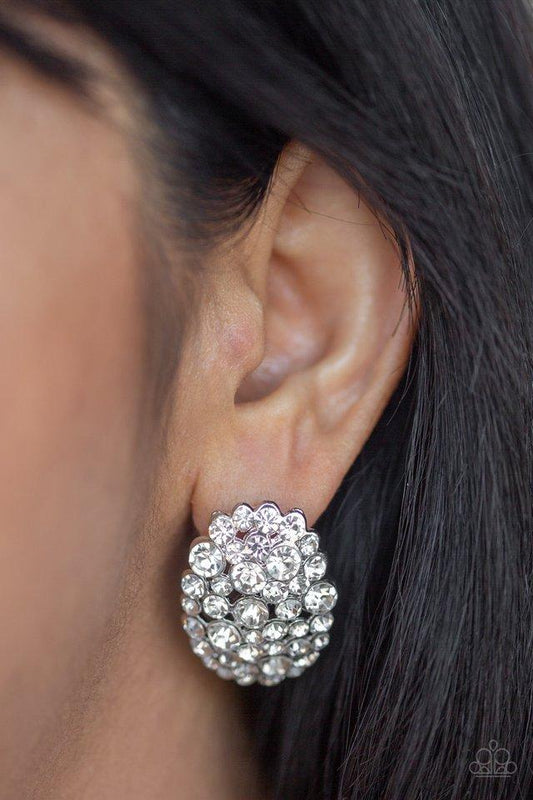 Daring Dazzle - White Rhinestone Encrusted Curves Oval Shaped Paparazzi Earrings