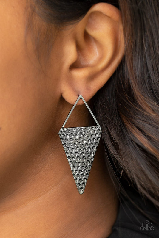 Have A Bite - Gunmetal Hammered Triangular Frame Post Earrings