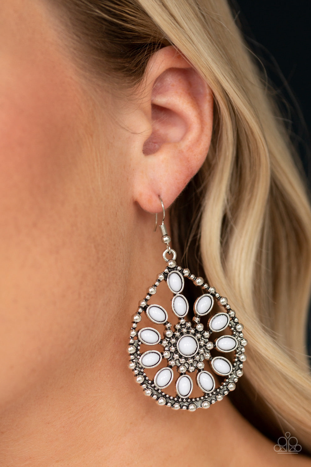Free To Roam - White Beaded Floral Pattern Whimsical Frame Earrings