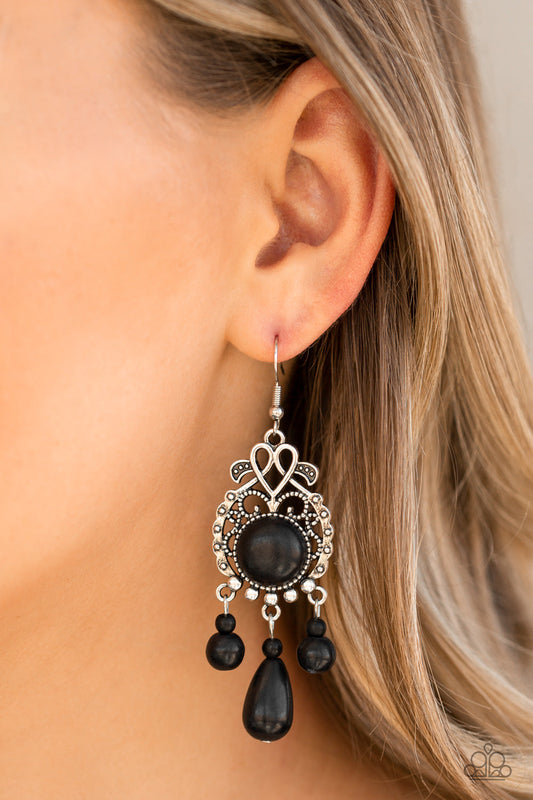 Stone Bliss - Black Stone Center/Frilly Silver Frame/Beaded Black Stone Fringe Earrings