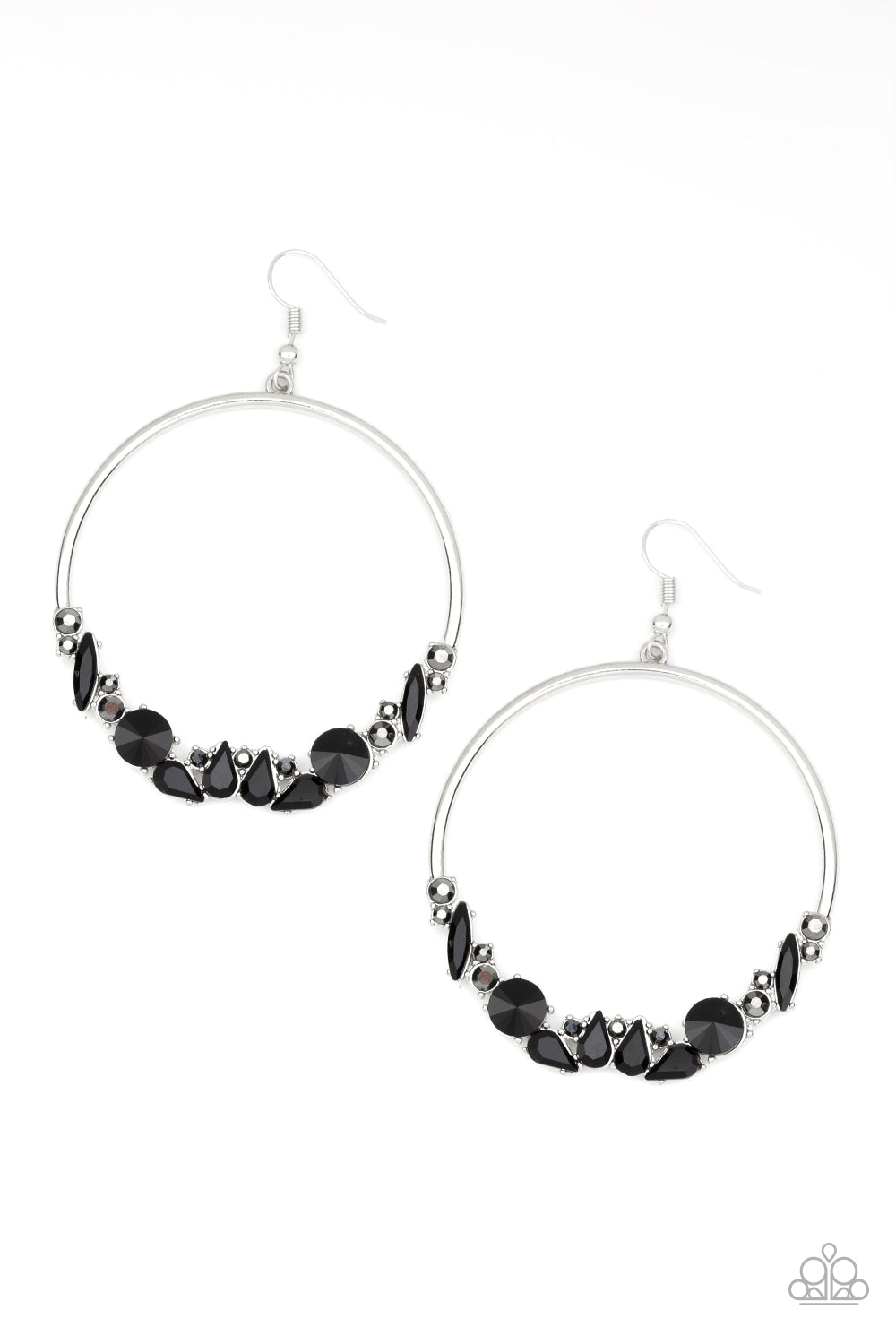Business Casual - Black & Hematite Rhinestone Encrusted Silver Hoop Earrings