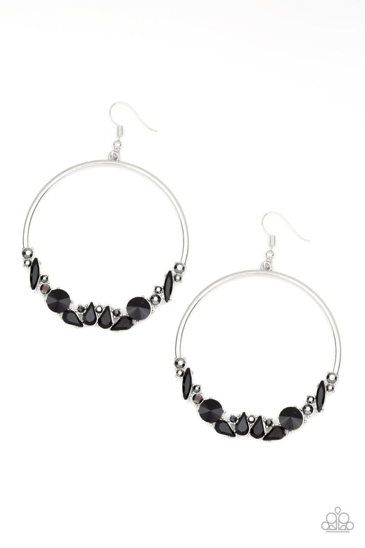 Business Casual - Black & Hematite Rhinestone Encrusted Silver Hoop Earrings