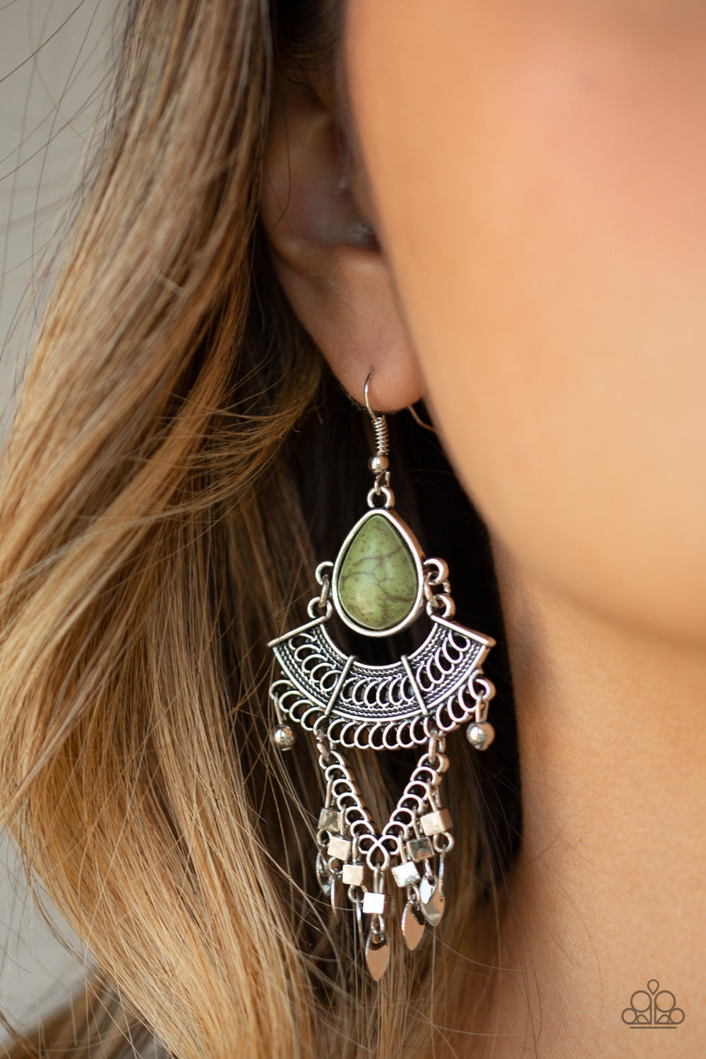 Vintage Vagabond - Green Teardrop Stone/Silver Linked Frames & Silver Fringe Tribal Inspired Earrings