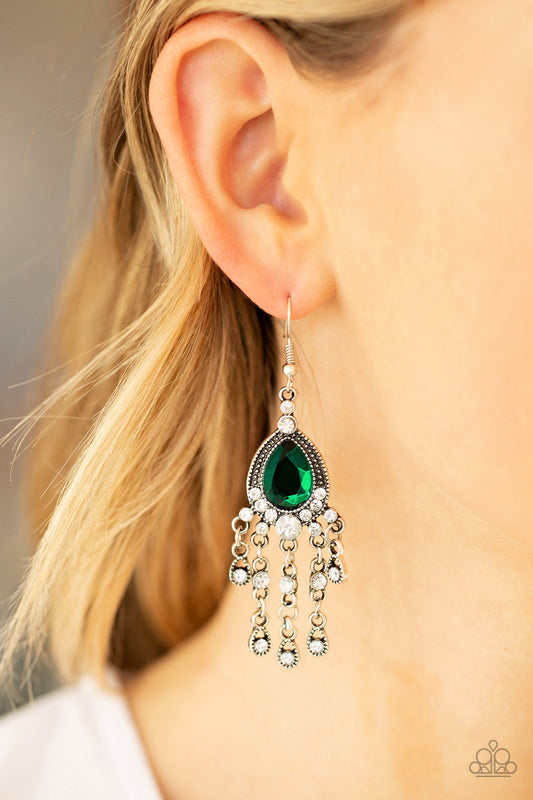 Bling Bliss - Green Oversized Gem/Dainty White Rhinestones/Silver Teardrop Earrings