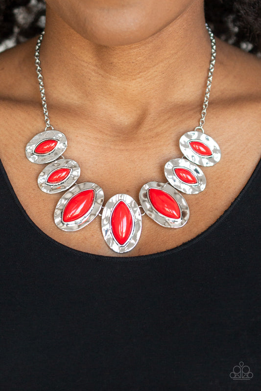 Terra Color - Red Beaded Hammered Geometric Frame Necklace & matching earrings