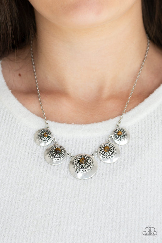 Solar Beam - Brown Tiger's Eye/Silver Sunburst Linked Frame Necklace & matching earrings