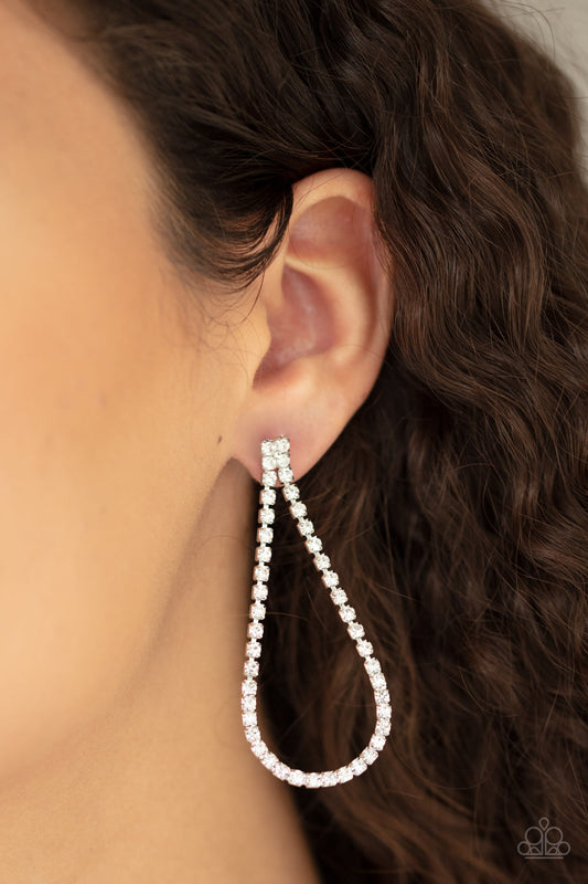 Diamond Drops - White Rhinestone Strand Teardrop Frame Glamorous Earrings