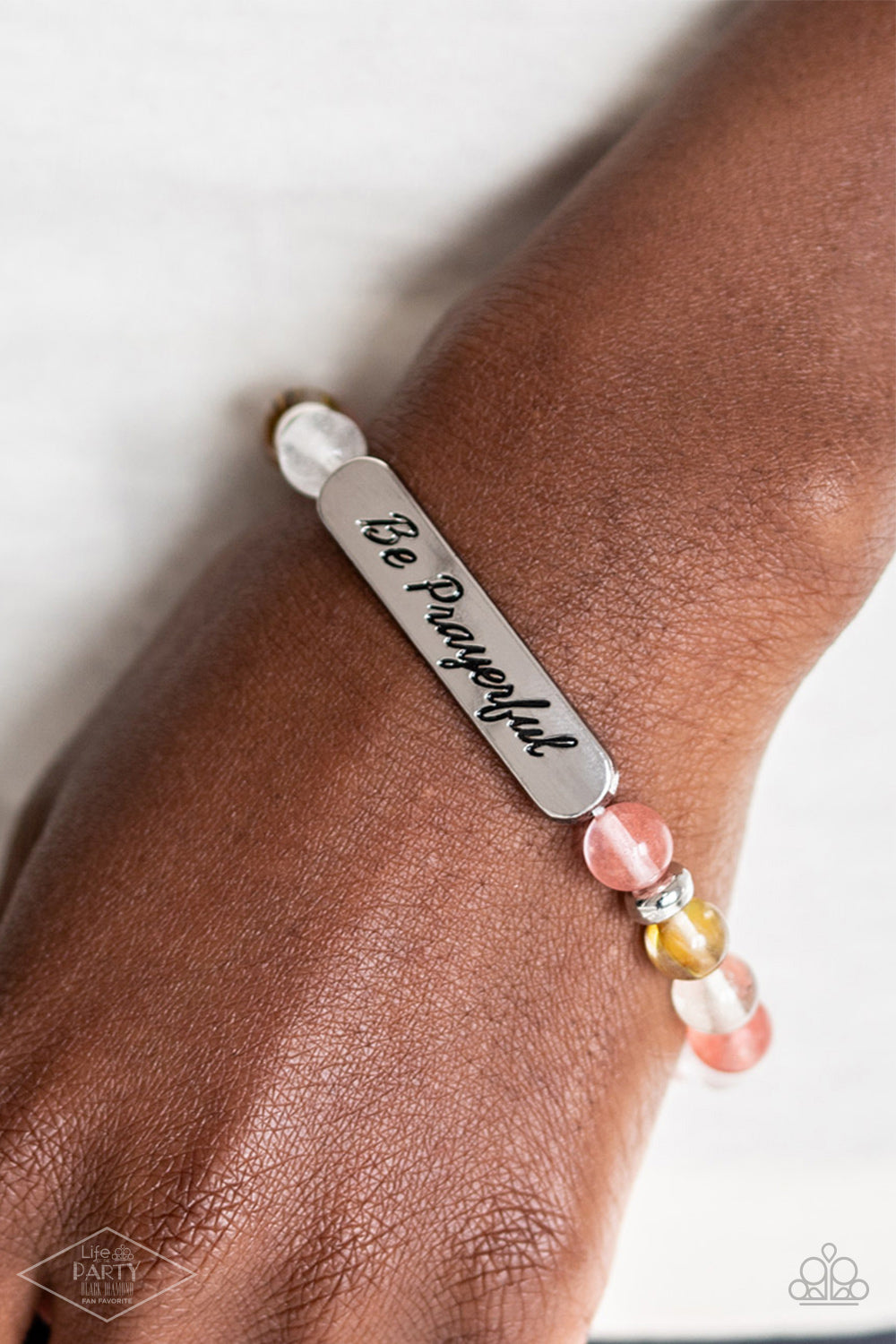 Be Prayerful - Multi Stone Beads & Silver "Be Prayerful" Stamped Frame Paparazzi Stretch Bracelet