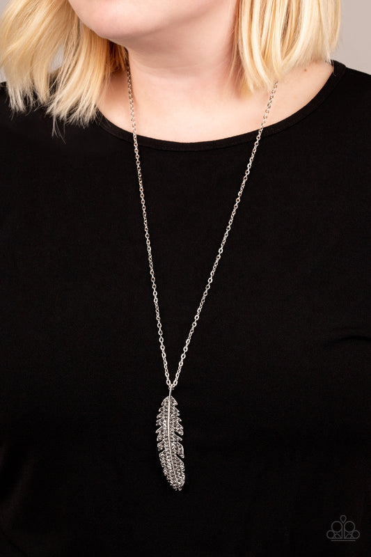 Soaring High - Silver Lifelike Feather Encrusted in Hematite Rhinestones Pendant Necklace & matching earrings