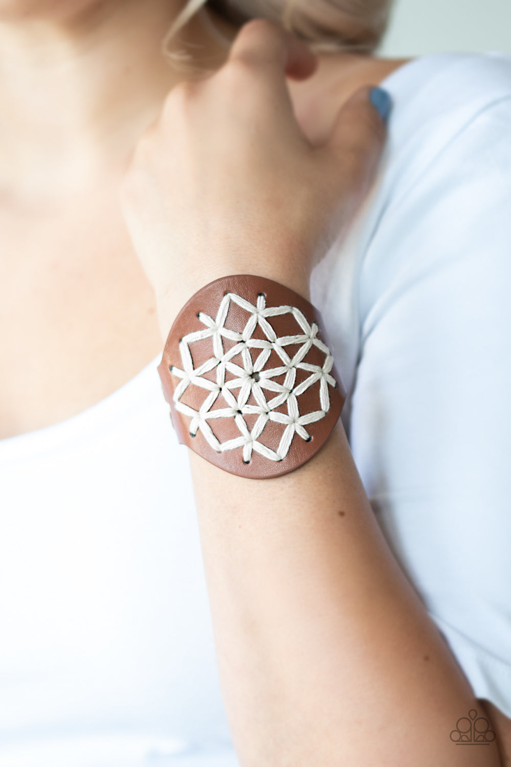 A Cross-Stitch In Time - Brown Rustic Leather/Twine-Like Stitched Cording Artisan Inspired Paparazzi Snap Bracelet