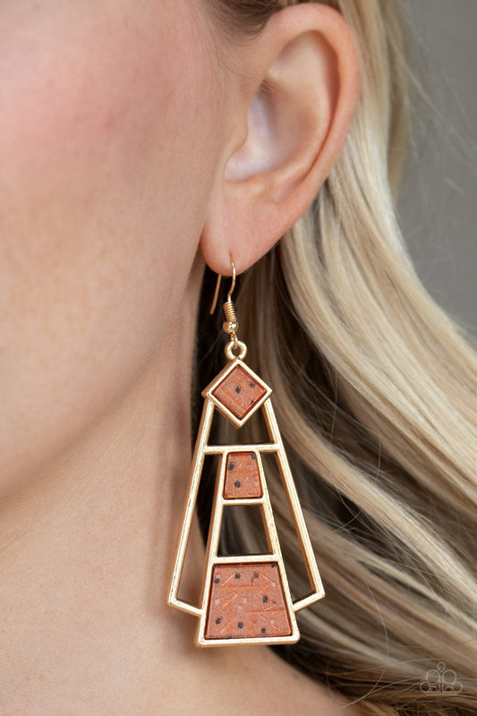 Retro Minimalist - Brown Acrylic Pieces/Geometric Gold Frame Earrings