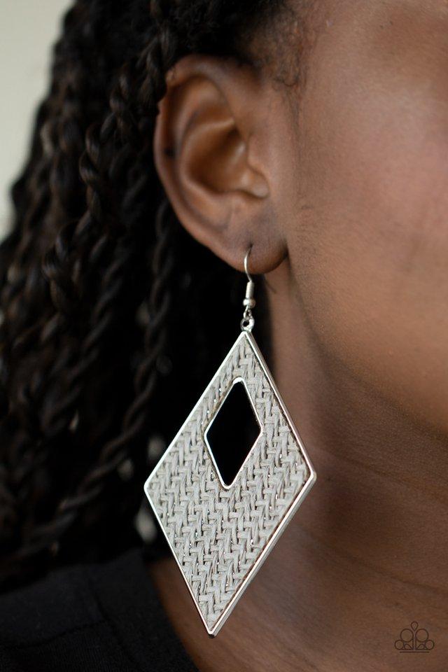 Woven Wanderer - Silver/Gray Wicker-Like Pattern Threaded Diamond Shape Paparazzi Earrings