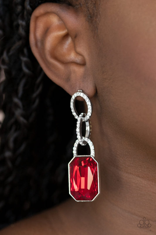 Superstar Status - Red Oversized Emerald-Cut Rhinestone/White Rhinestone Link Earrings