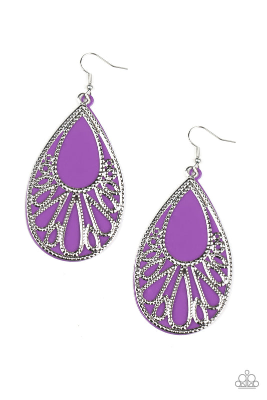 Loud and Proud - Purple Acrylic Teardrop/ Studded Silver Filigree Overlay Earrings