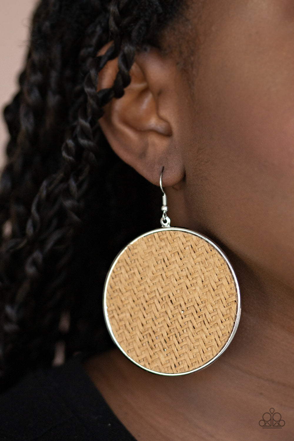 Wonderfully Woven - Brown Woven Twine Oversized Disc Earrings