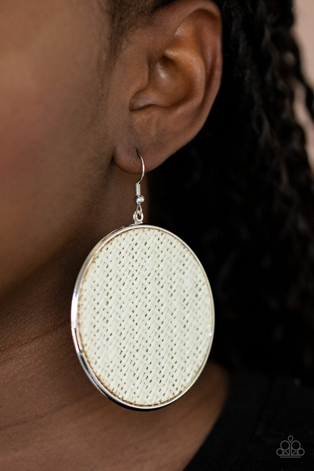Wonderfully Woven - White Woven Twine-Like Cording/Oversized Silver Disc Earrings