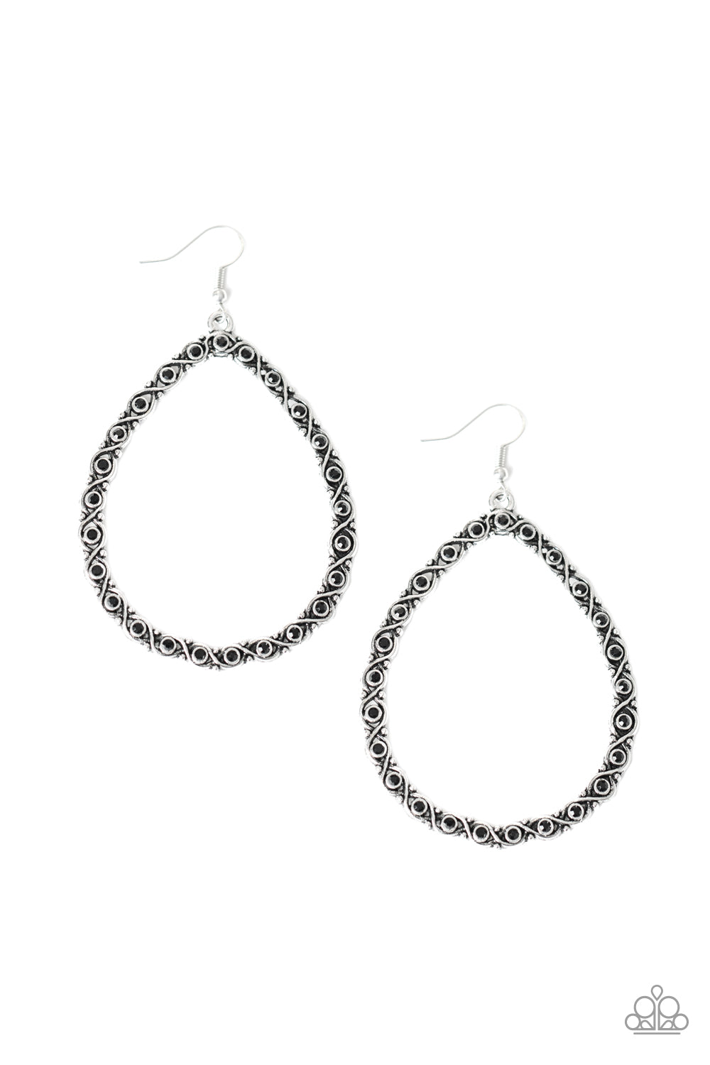 Galaxy Gardens - Black Dainty Rhinestones/Woven Antiqued Silver Bar Teardrop Earrings