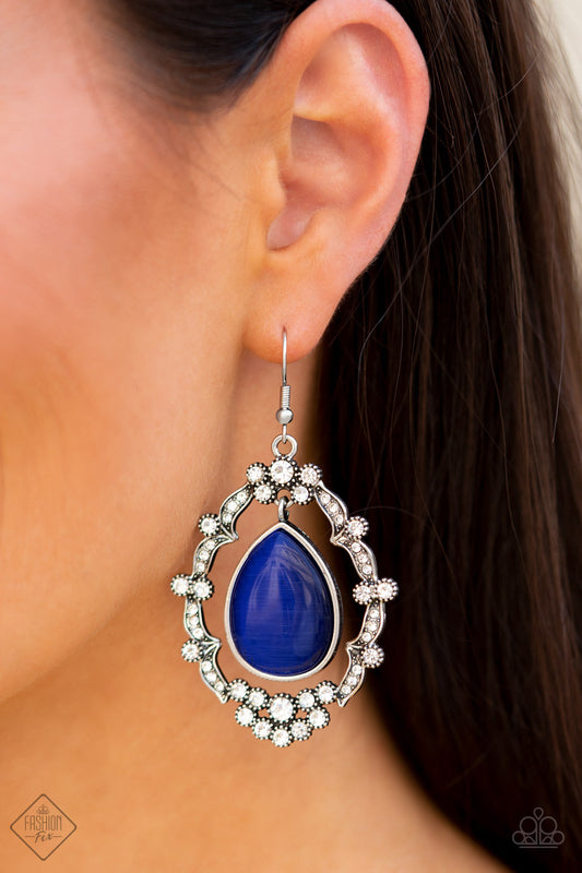 Icy Eden - Blue Cat's Eye Teardrop Pendant/Ornate Rhinestone Encrusted Frame Earrings