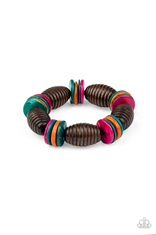 Caribbean Castaway - Multi Wooden Bead & Wooden Disc Paparazzi Stretch Bracelet