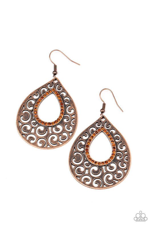 Airy Applique - Copper Filigree Teardrop Silhouette/Topaz Rhinestone Encrusted Earrings