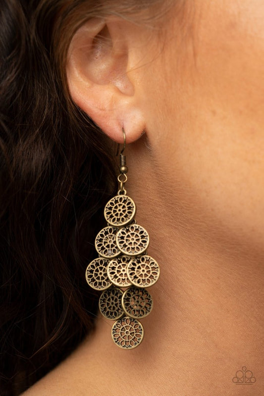 Blushing Blooms - Brass Floral Detail Stenciled Cascading Frames Paparazzi Earrings