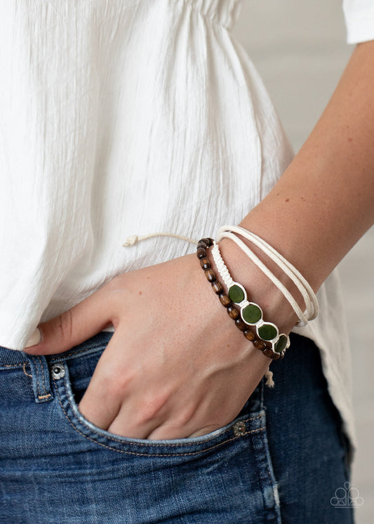 Dream Beach House - Green & Brown Wooden Beads/White Mismatched Cording Urban Bracelet