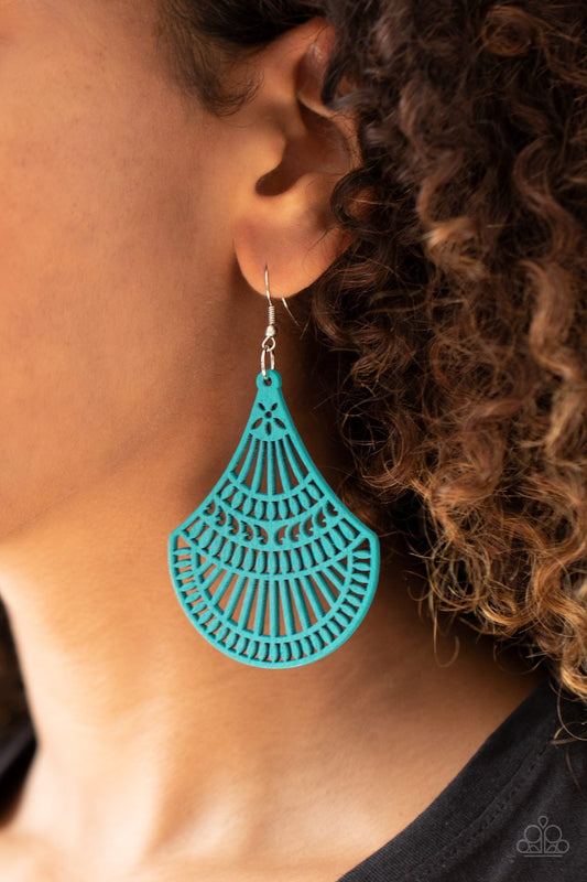 Tropical Tempest - Blue Wooden Teardrop Airy Stenciled Earrings