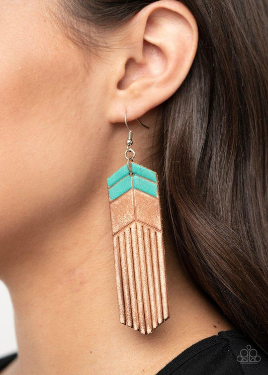 Desert Trails - Blue/Turquoise Chevron-Like Detail Leather Paparazzi Earrings