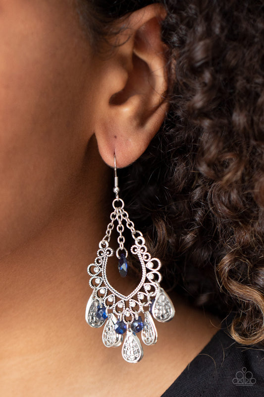 Musical Gardens - Blue Crystal-Like Teardrop Beads/Silver Teardrops/Frilly Silver Frame Encrusted White Rhinestone Earrings