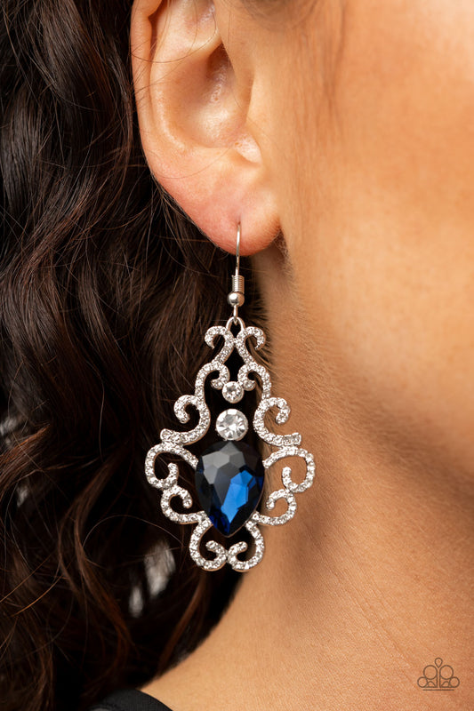 Happily Ever AFTERGLOW - Blue Teardrop Rhinestone Center/Silver & White Rhinestone Vine-Like Bar Earrings