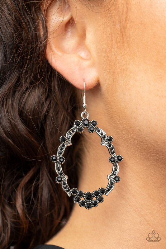 Sparkly Status - Black Rhinestone/Dainty Silver Studded Imperfect Teardrop Frame Earrings