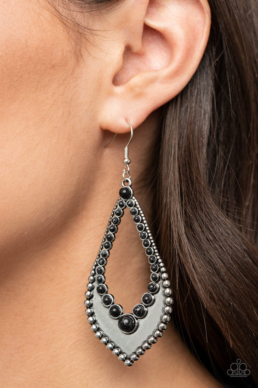 Essential Minerals - Black Dainty Beaded Studded Silver Teardrop Earrings