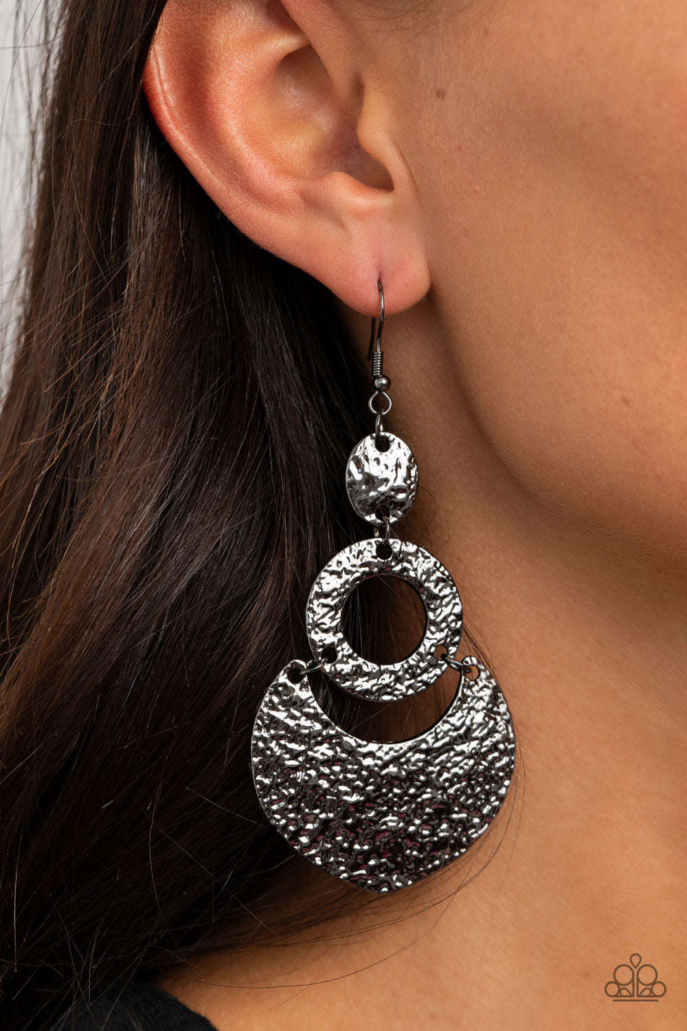 Shimmer Suite - Gunmetal Hammered Texture Oval, Hoop, & Crescent Linked Frame Earrings