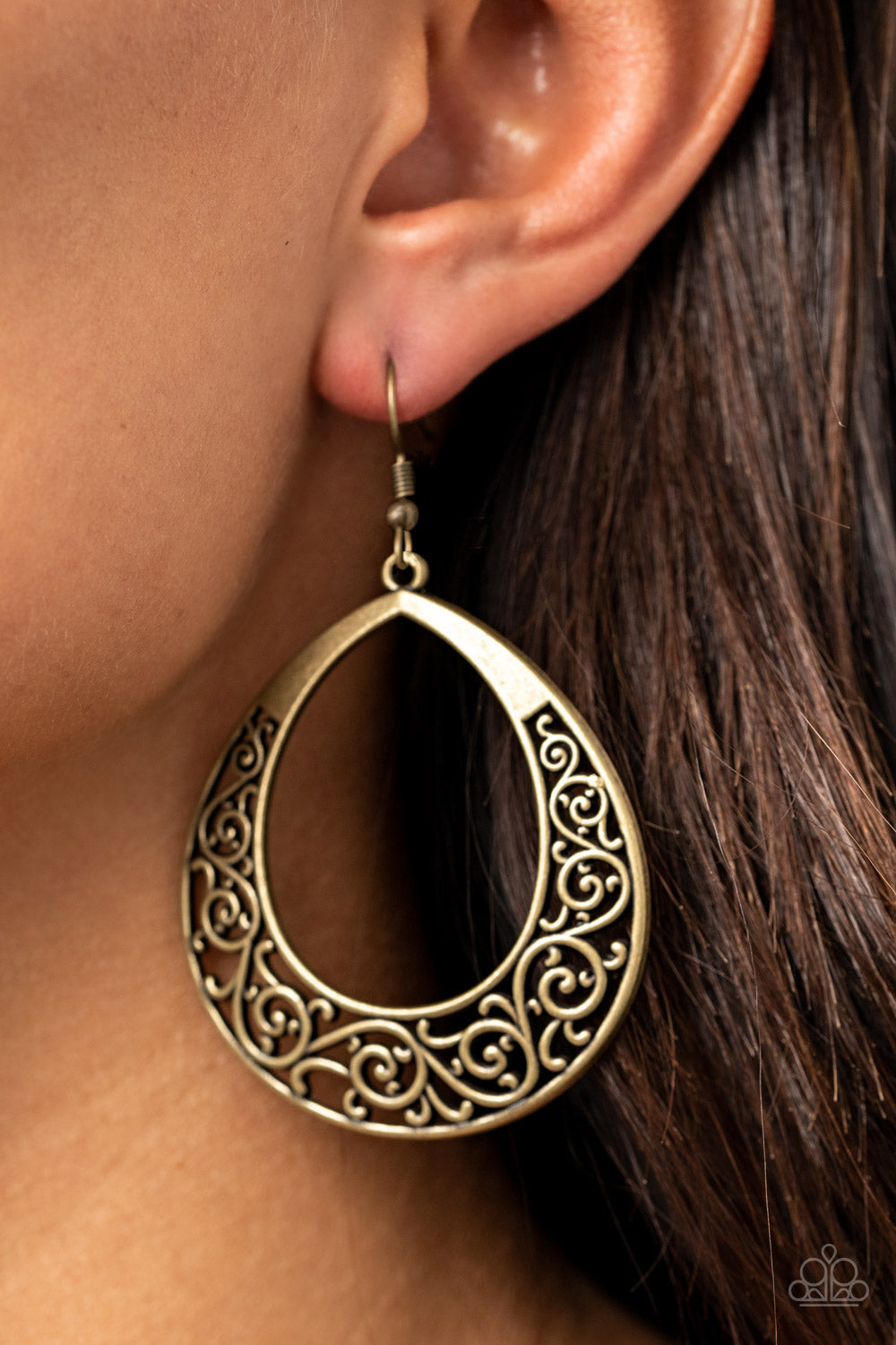Vineyard Venture - Brass Vine-Like Filigree Teardrop Frame Earrings