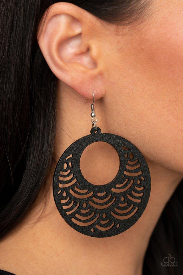 SEA Le Vie! - Black Wooden Scalloped Pattern Tropical Inspiration Paparazzi Earrings