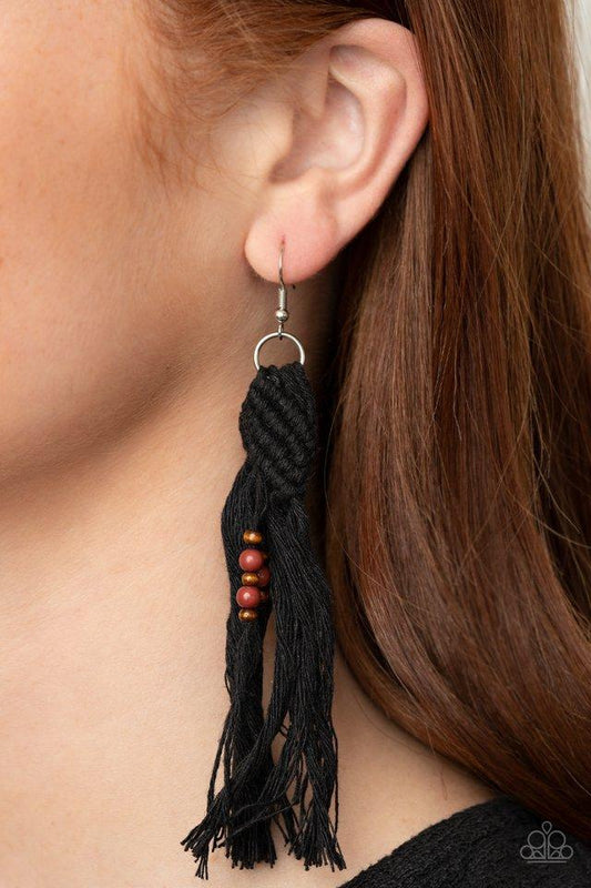 Beach Bash - Black Tassel/Dainty Wooden & Glassy Brown Beaded Paparazzi Macramé Earrings