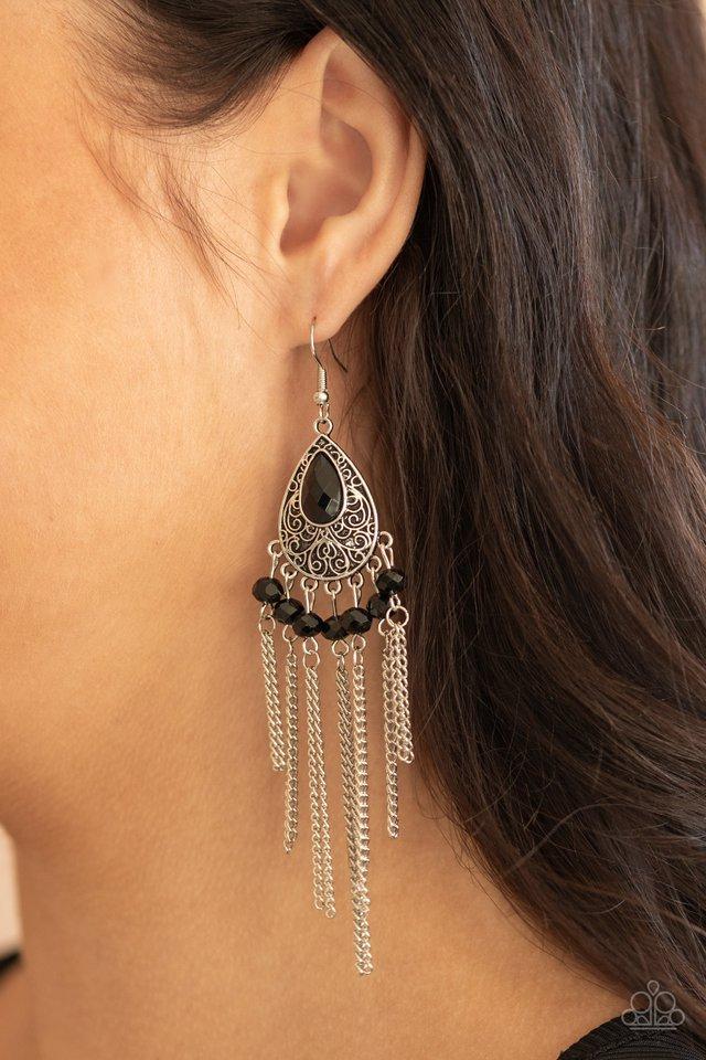 Floating on HEIR - Black Rhinestones/Silver Chain Fringe/Silver Filigree Embossed Teardrop Paparazzi Earrings