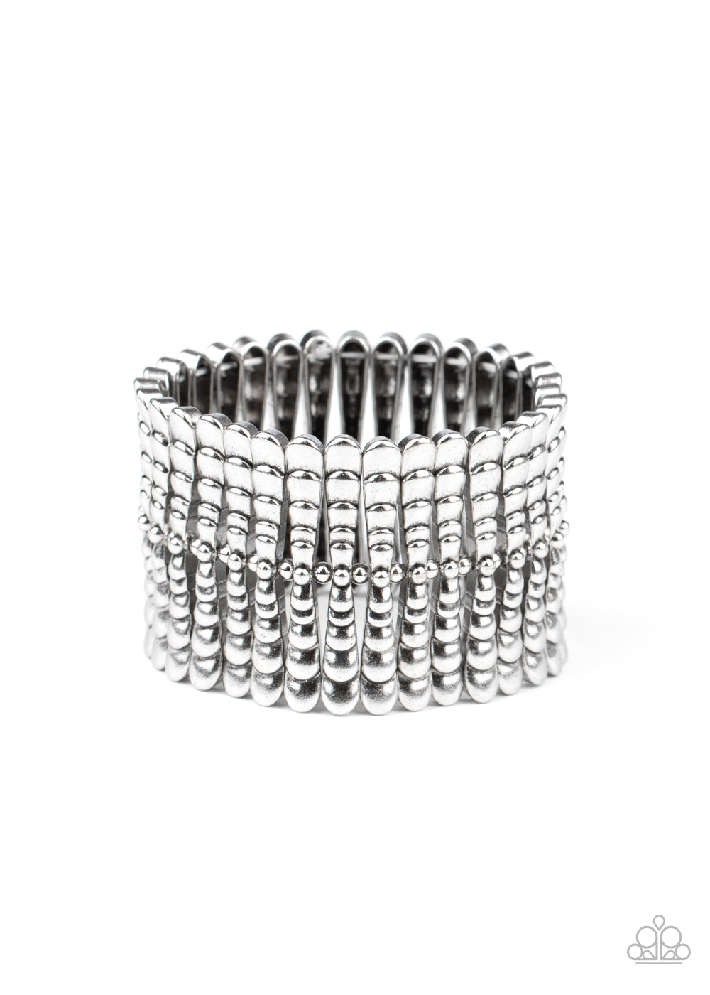 Level The Field - Silver Dainty Beads & Rippling Silver Bar Stretch Bracelet