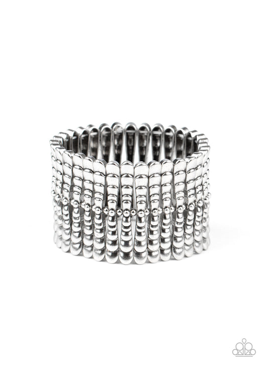Level The Field - Silver Dainty Beads & Rippling Silver Bar Stretch Bracelet