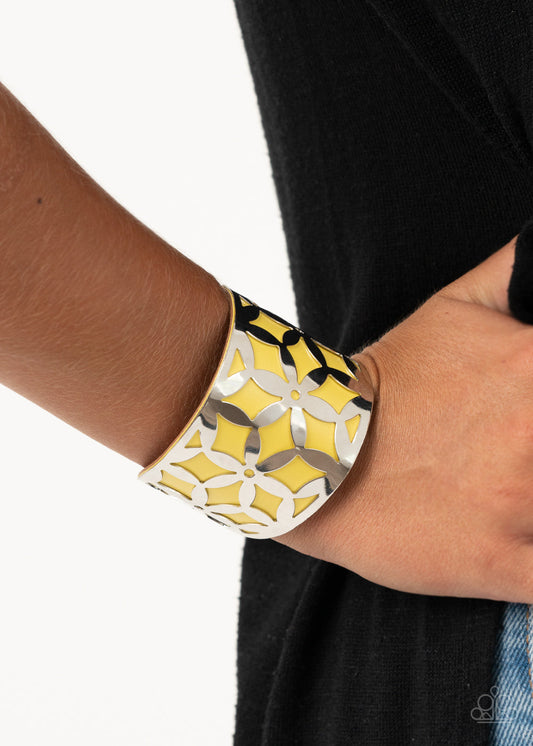 Garden Fiesta - Yellow Leather/Silver Daisy Stenciled Cuff Bracelet