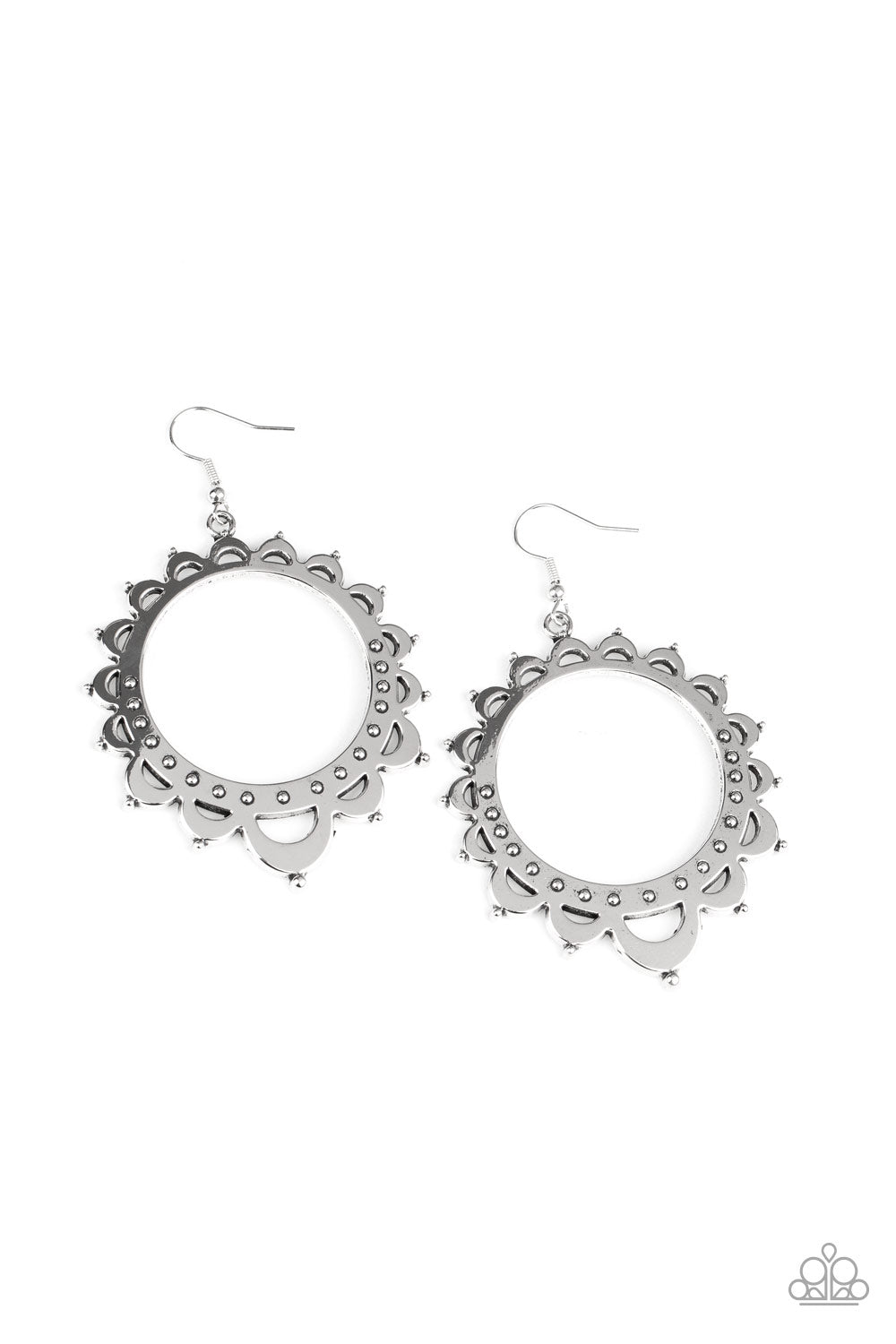 Casually Capricious - Silver Studded Petal-Like Frame Whimsical Sunburst Earrings