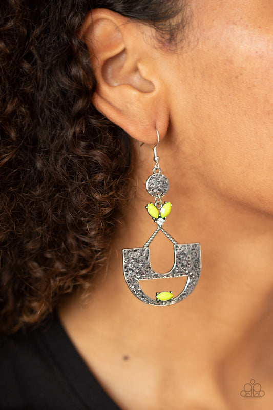 Modern Day Mecca - Yellow Beads/White Rhinestone/Abstract Crescent Frame Earrings